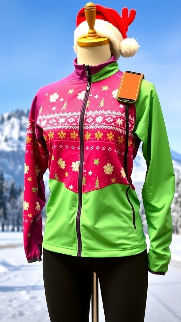 Christmas 5K Running Outfit Guide A Christmas-themed running outfit with festive patterns, displayed with winter scenery.
